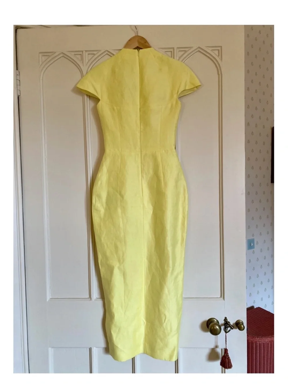 Rasario Yellow Ruched linen Midi Dress with Front Slit and crystal buttons - Picture 3 of 8